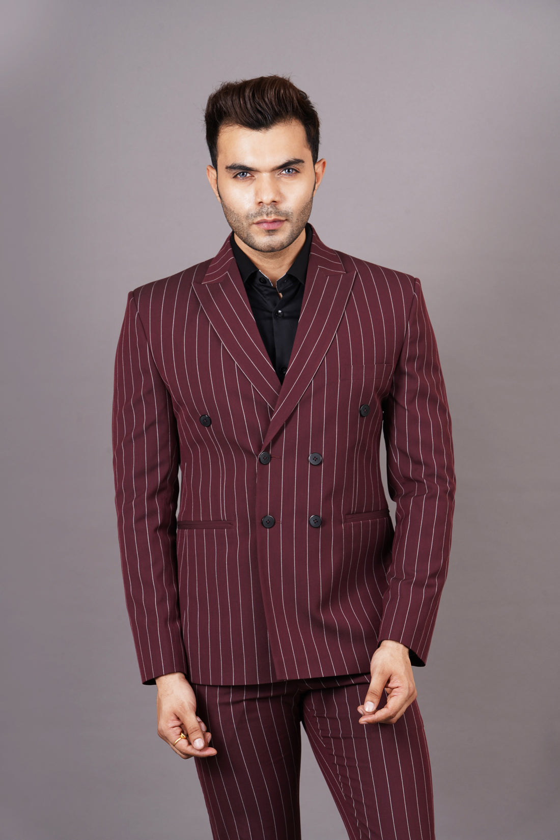 MEN'S DOUBLE BREASTED STRIPE BLAZER ( MAROON )