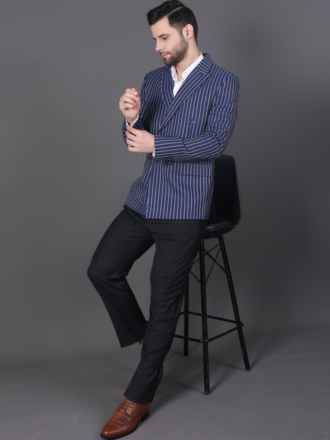 MEN'S STRIP DOUBLE BREASTED BLAZER ( BLUE )