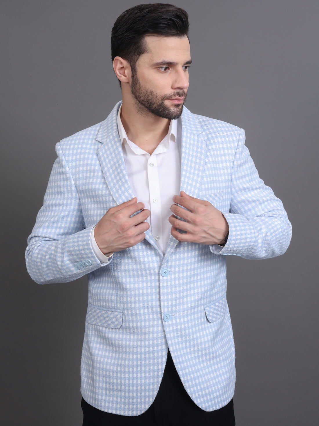 MEN'S CHECKED TWEED BLAZER ( SKY BLUE )